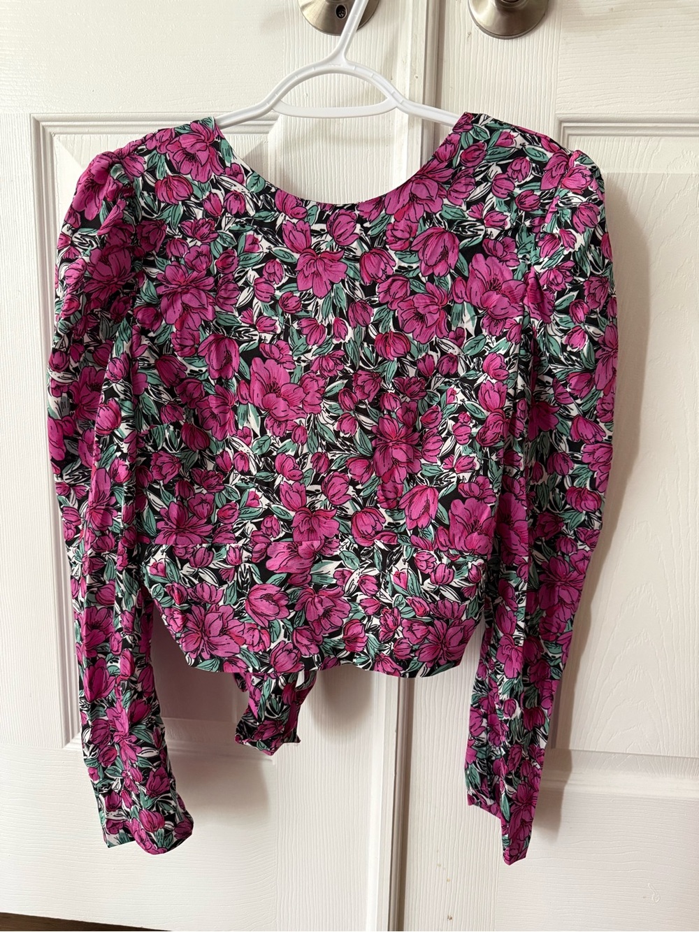 Floral Puff-Sleeve Crop Top Blouse With Tie Back